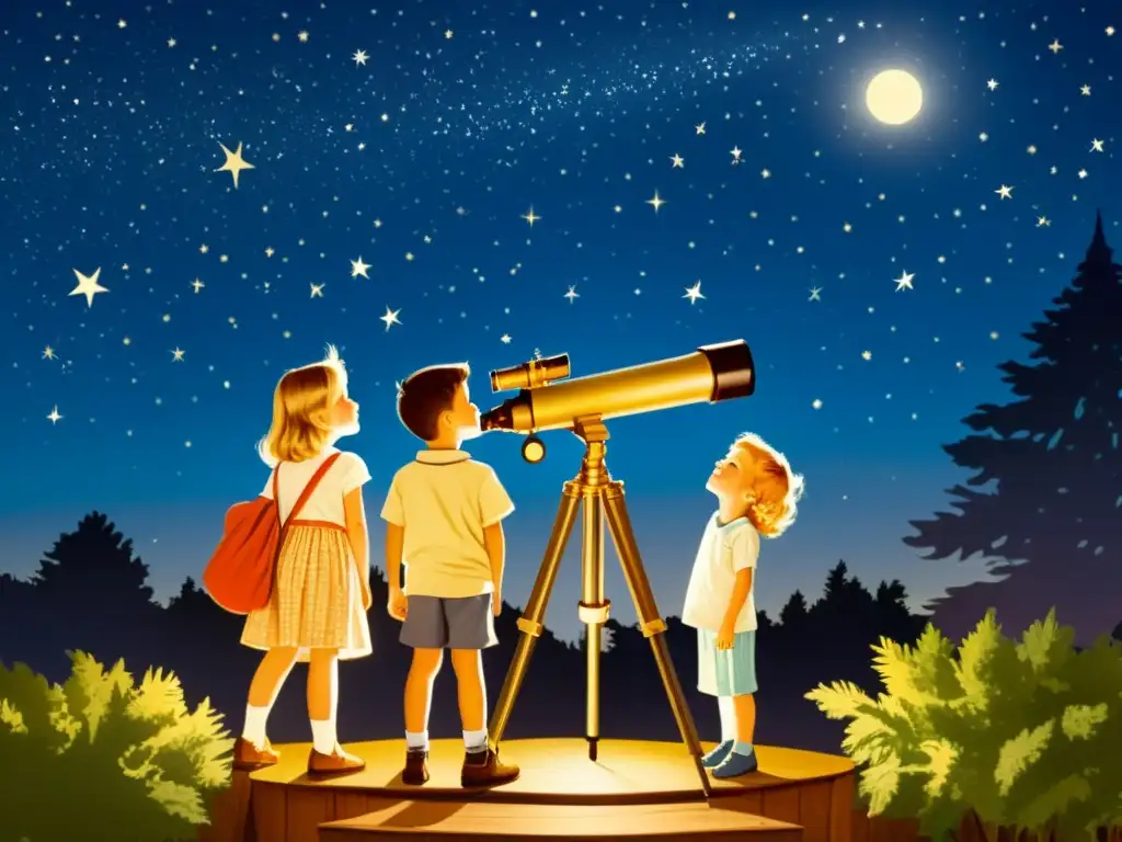 Un grupo de niños observa el cielo nocturno a través de un telescopio vintage, maravillados por la exploración del universo