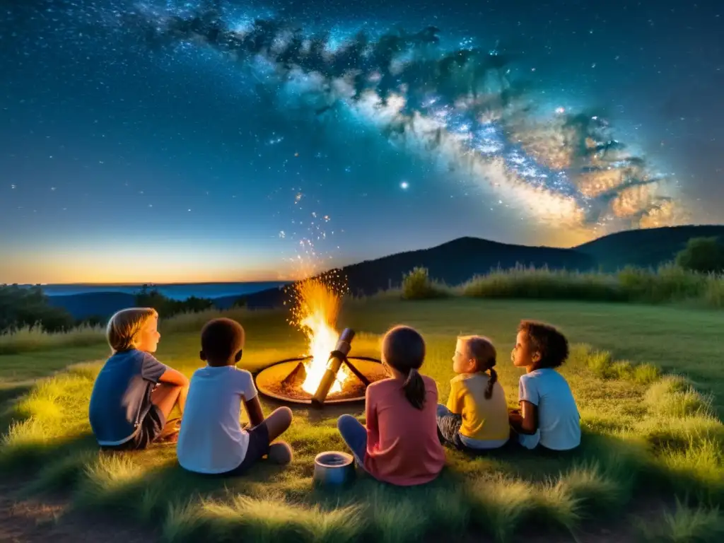 Un grupo de niños descubre constelaciones con realidad aumentada bajo las estrellas