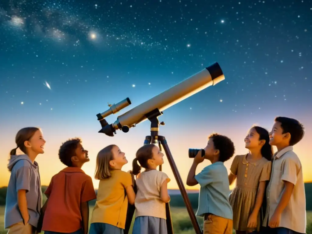 Un grupo de niños aprendiendo sobre constelaciones con realidad aumentada, maravillados al mirar el cielo nocturno a través de un telescopio vintage