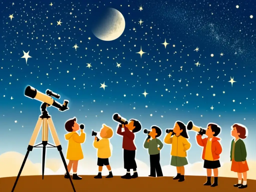 Un grupo de niños emocionados observa el cielo nocturno a través de un telescopio, descubriendo la belleza del universo