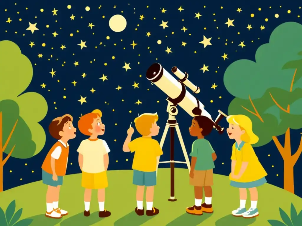 Un grupo de niños emocionados observando el cielo nocturno a través de un telescopio en un jardín