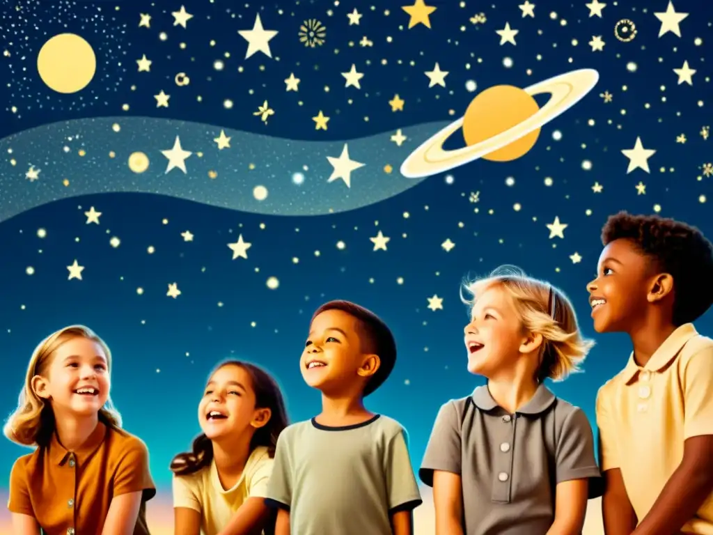 Un grupo de niños emocionados explorando las estrellas con juegos de realidad aumentada, en una ilustración vintage de alta resolución