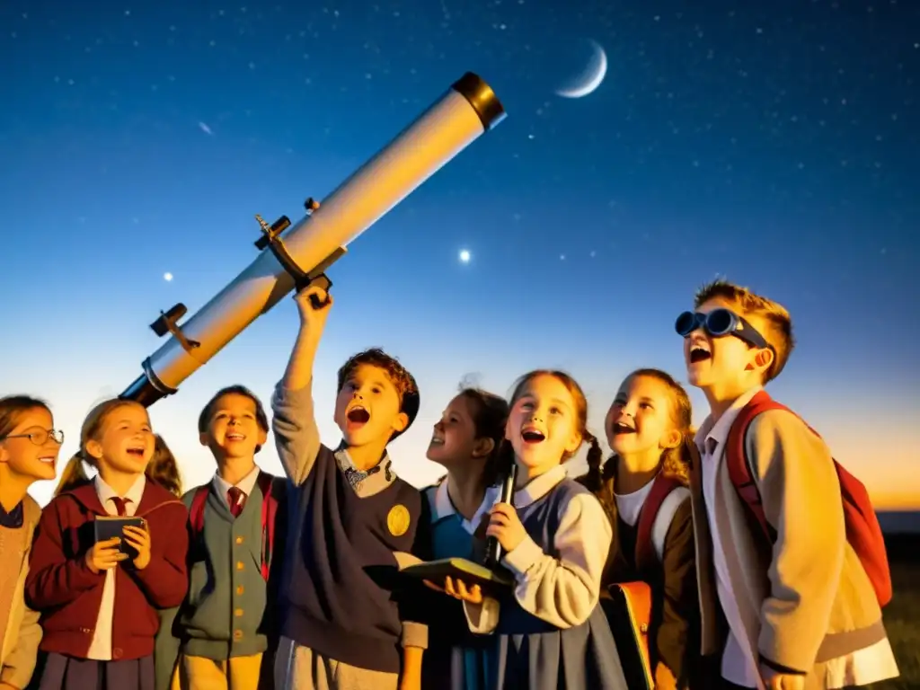 Grupo de niños escolares entusiasmados cazadores meteoritos, observando la luna con telescopio vintage