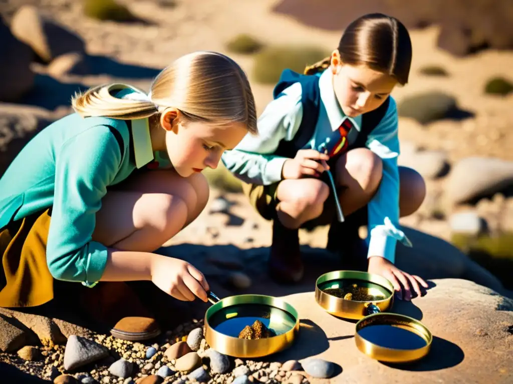 Un grupo de niños escolares explorando terreno rocoso con lentes y compases, en busca de meteoritos