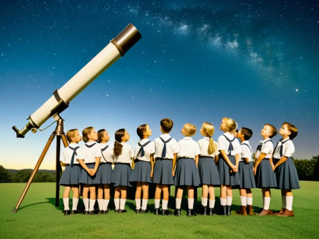 Un grupo de niños de escuela, vestidos con uniformes retro, observa el cielo estrellado a través de un telescopio en un campo