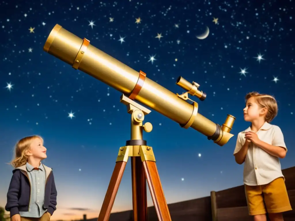 Grupo de niños observando las estrellas con un telescopio vintage bajo la luz de la luna