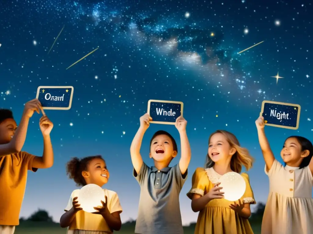 Grupo de niños jugando con juegos didácticos para aprender constelaciones bajo un cielo estrellado vintage