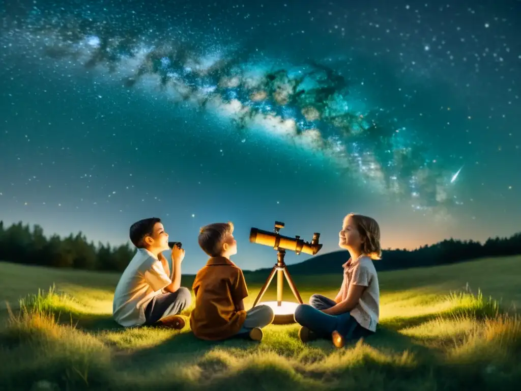 Un grupo de niños y su maestra observan las estrellas en un campo