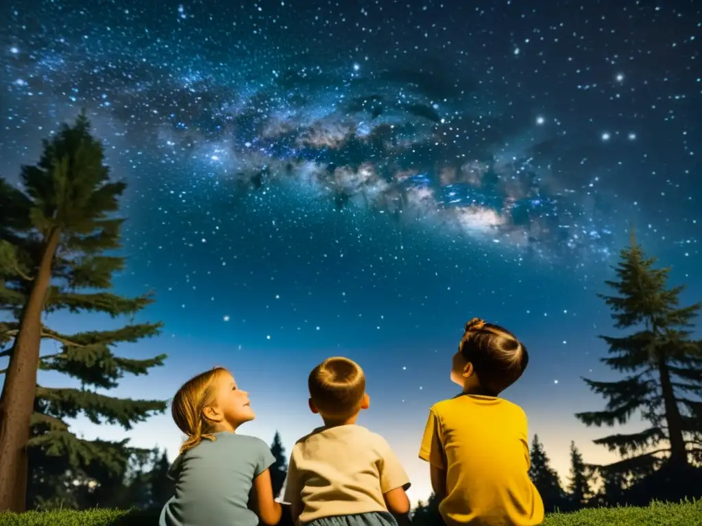 Un grupo de niños maravillados observa el cielo estrellado entre altos árboles