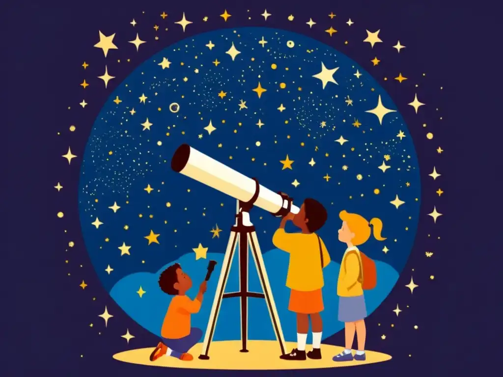 Un grupo de niños mira a través de un telescopio, emocionados por descubrir las constelaciones en el cielo nocturno