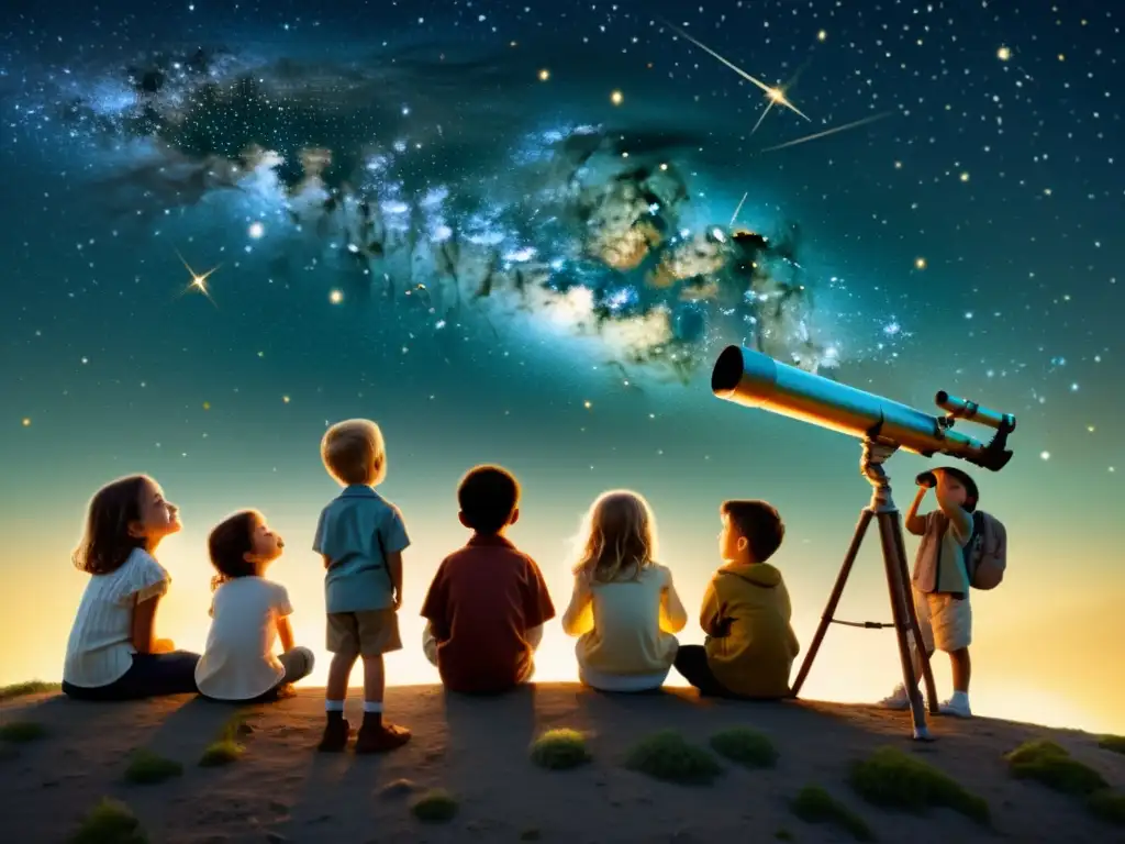 Un grupo de niños mira a través de un telescopio al cielo nocturno, mostrando curiosidad y asombro