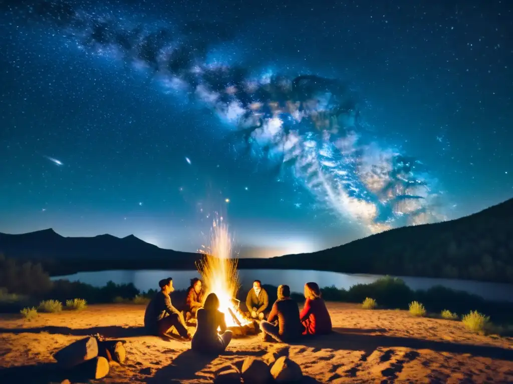 Grupo disfruta una noche estrellada alrededor de fogata, escuchando historias de constelaciones