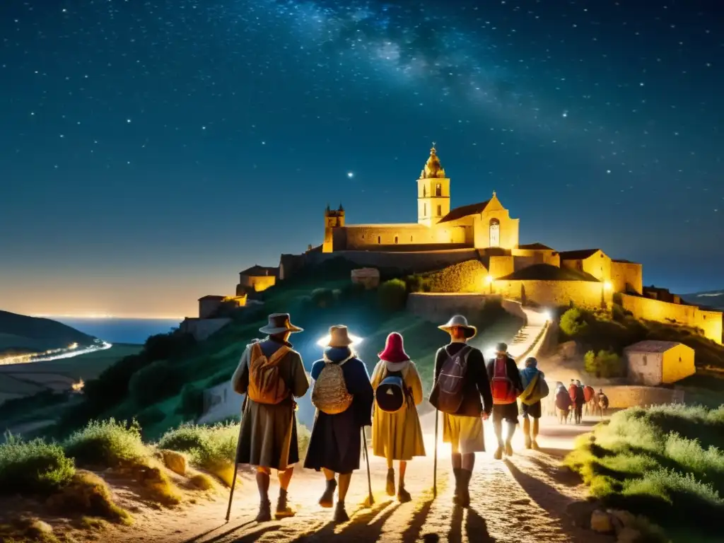 Un grupo de peregrinos camina por el Camino de Santiago de noche, bajo un cielo estrellado