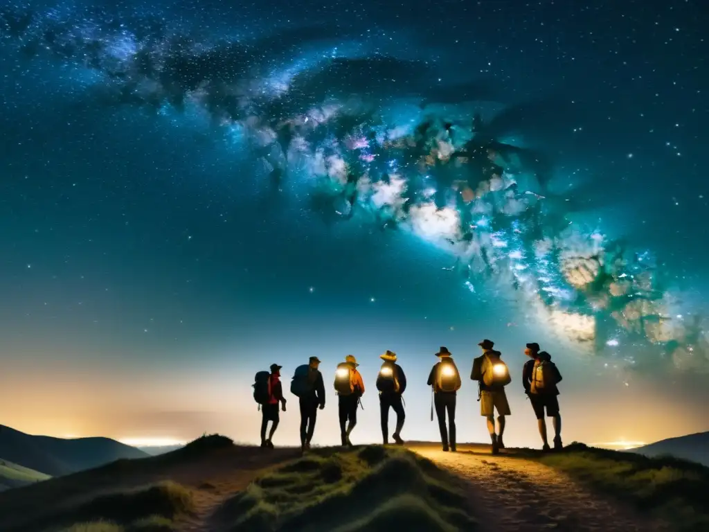 Un grupo de peregrinos camina bajo un cielo estrellado en el Camino de Santiago