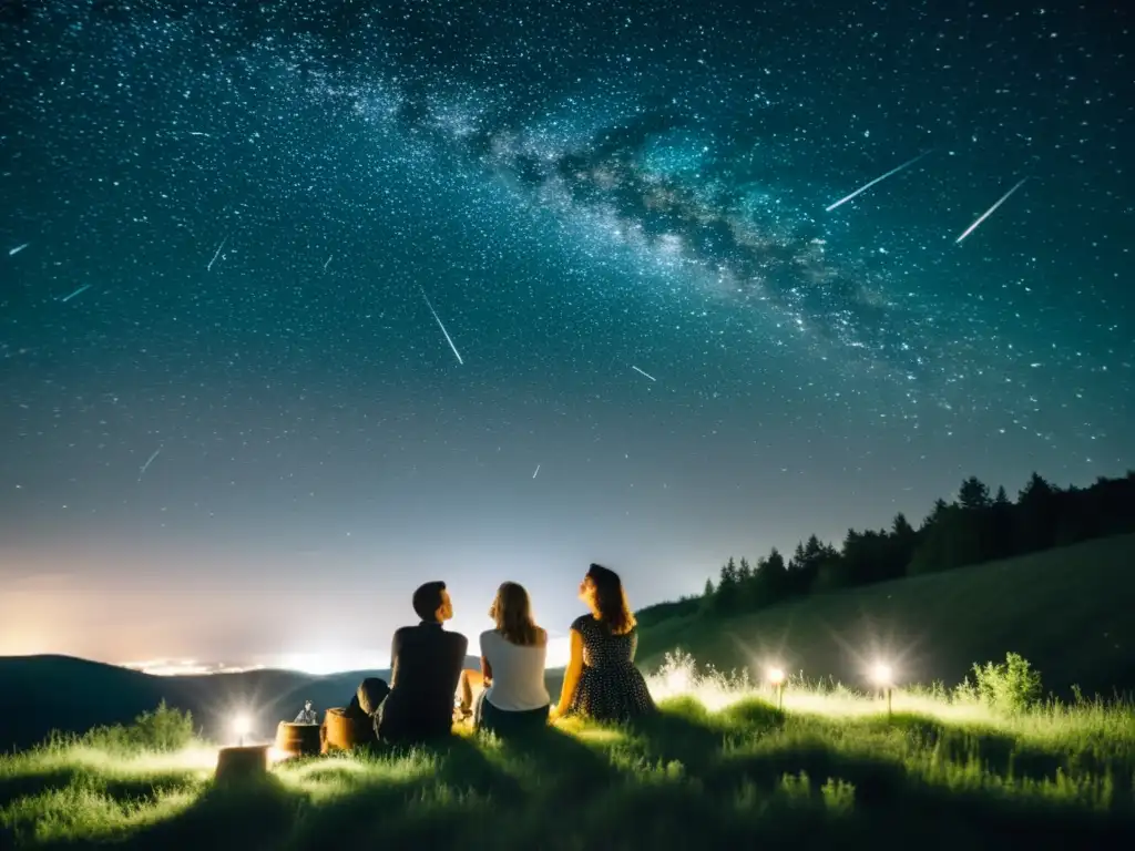 Grupo disfrutando de las Perseidas bajo las estrellas en una colina, con una atmósfera nostálgica y mágica