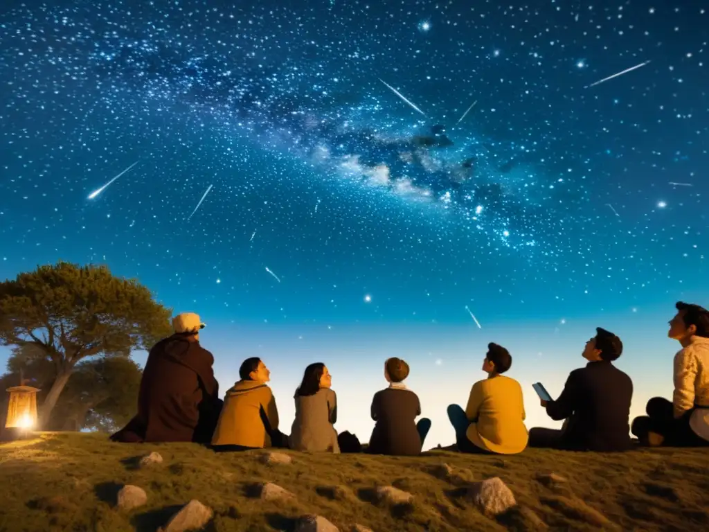 Un grupo de personas de una antigua comunidad observa con asombro las constelaciones en un cielo nocturno lleno de estrellas