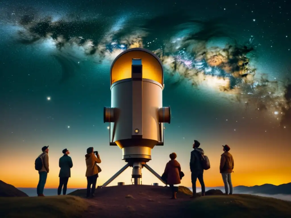 Grupo de personas observa con asombro el cielo estrellado a través de un telescopio vintage