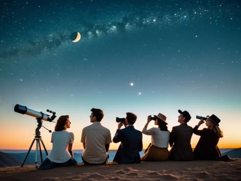 Un grupo de personas observa con asombro el evento anual de observación celeste bajo el cielo nocturno, con telescopios apuntando hacia arriba