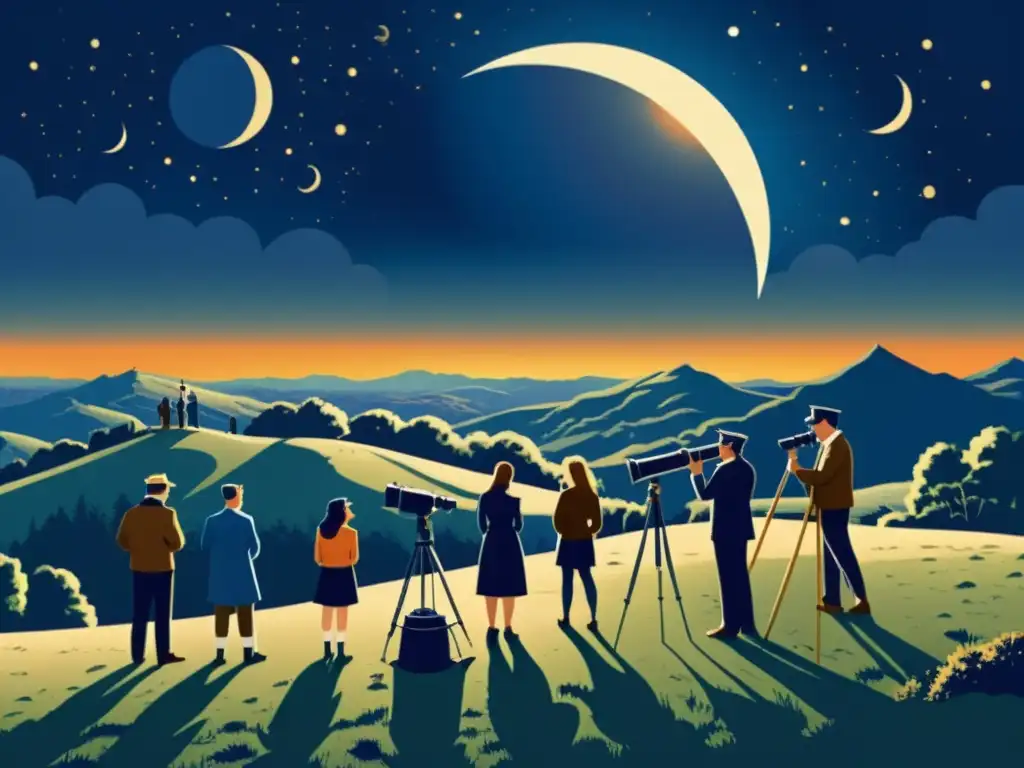 Un grupo de personas con atuendos retro observa un eclipse solar desde una colina pintoresca