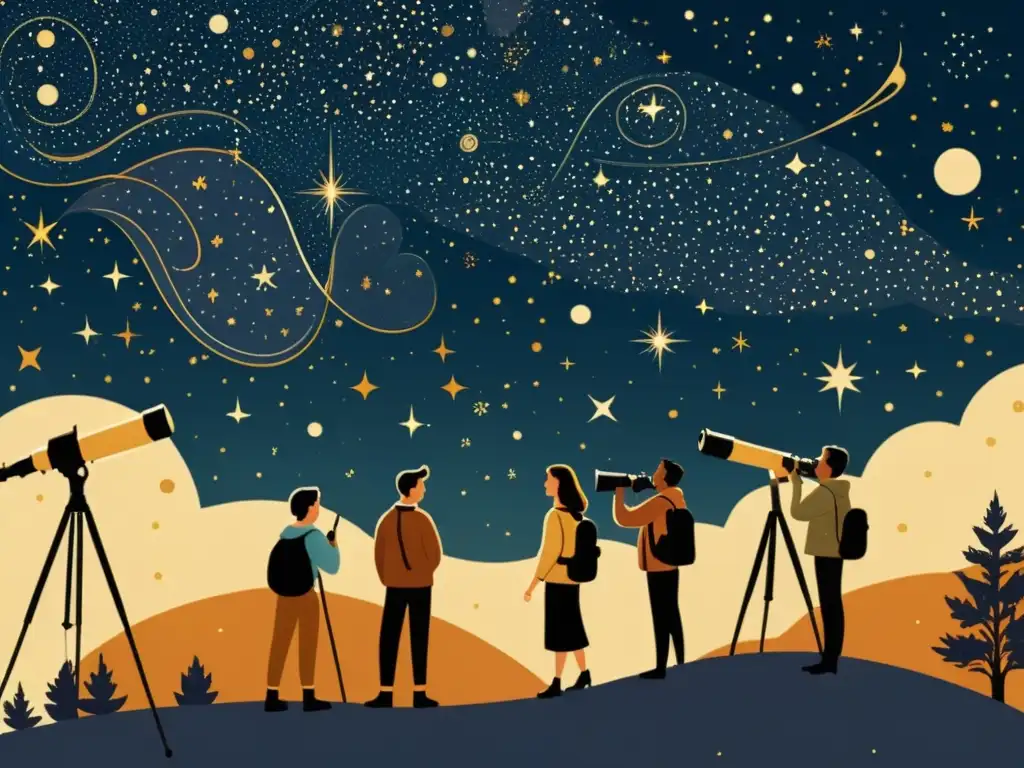 Un grupo de personas disfruta de aventuras didácticas en la astronomía estelar mientras exploran el cielo nocturno con un telescopio vintage