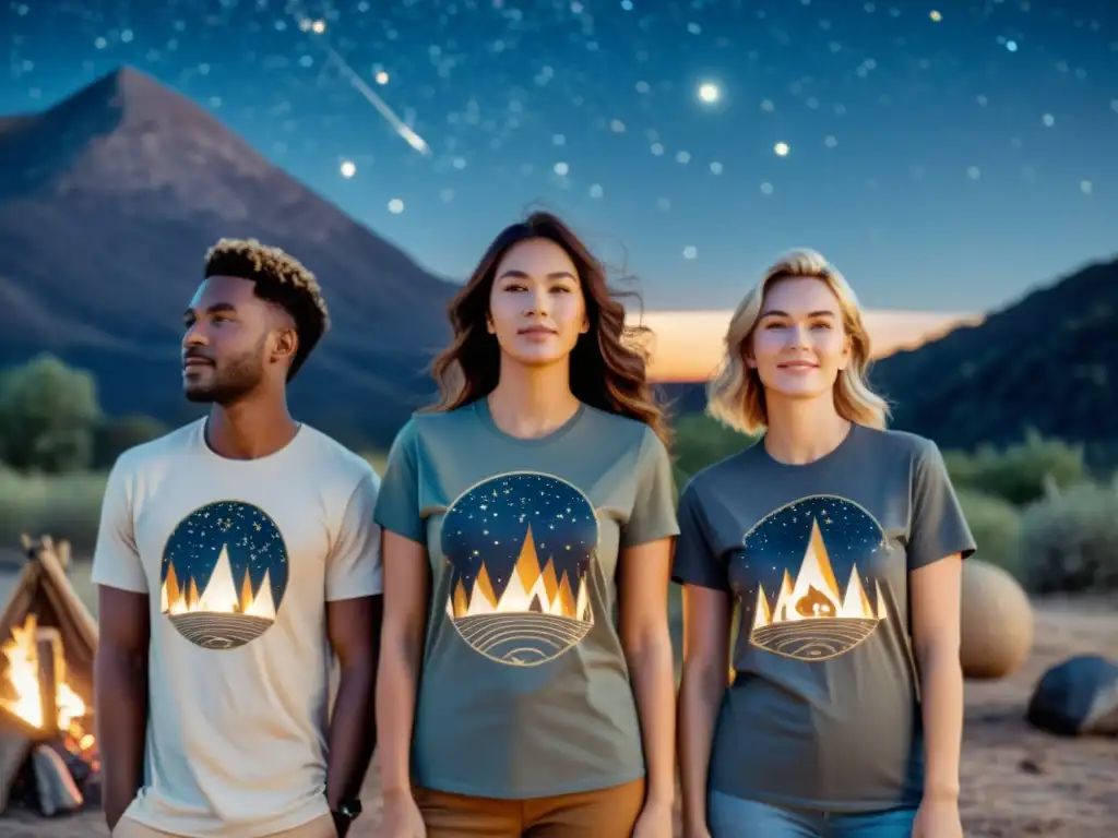 Un grupo de personas lleva camisetas con diseños de constelaciones bajo un cielo estrellado alrededor de una hoguera