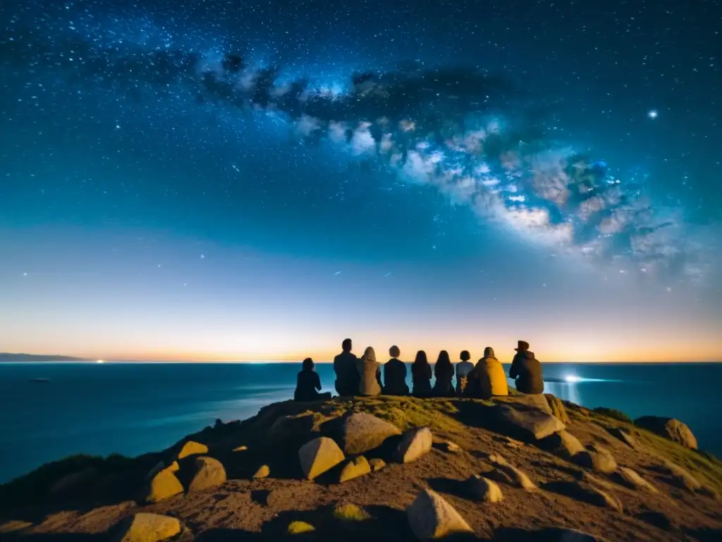 Un grupo de personas observando el cielo estrellado desde una isla remota