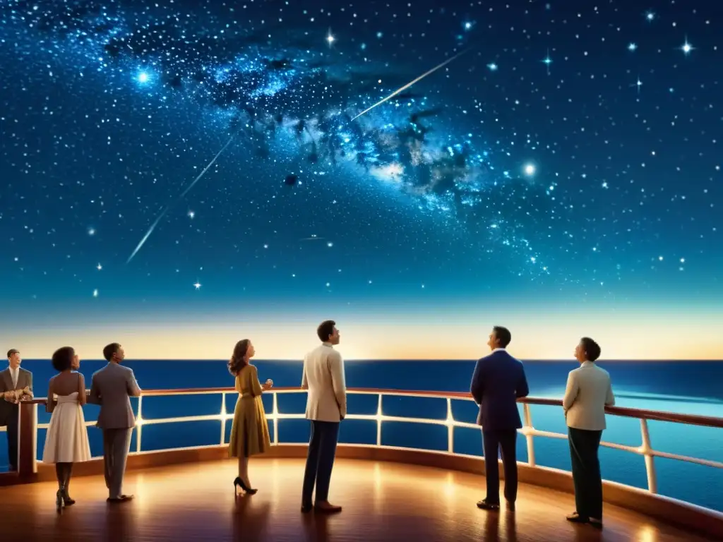 Un grupo de personas admirando el cielo estrellado desde la cubierta de un crucero para aficionados de la astronomía, rodeado de un profundo mar azul