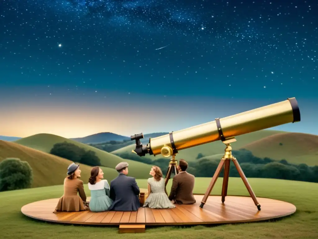 Un grupo de personas observa el cielo estrellado con un telescopio vintage en un ambiente rural