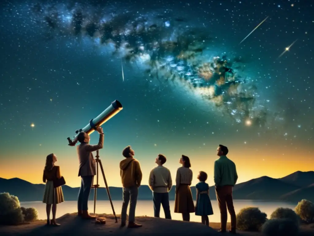 Un grupo de personas observa el cielo estrellado a través de un telescopio, desmitificando la astrología con hechos astronómicos