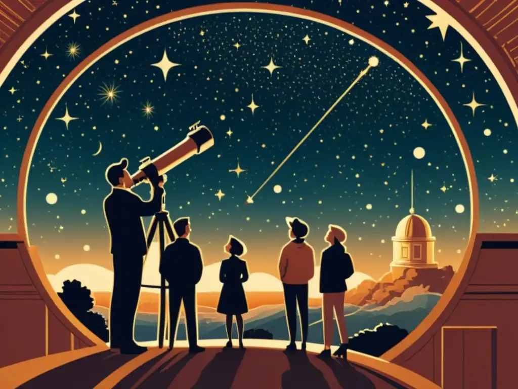 Un grupo de personas observa el cielo estrellado a través de un telescopio en una exposición de mitología estelar y telescopios