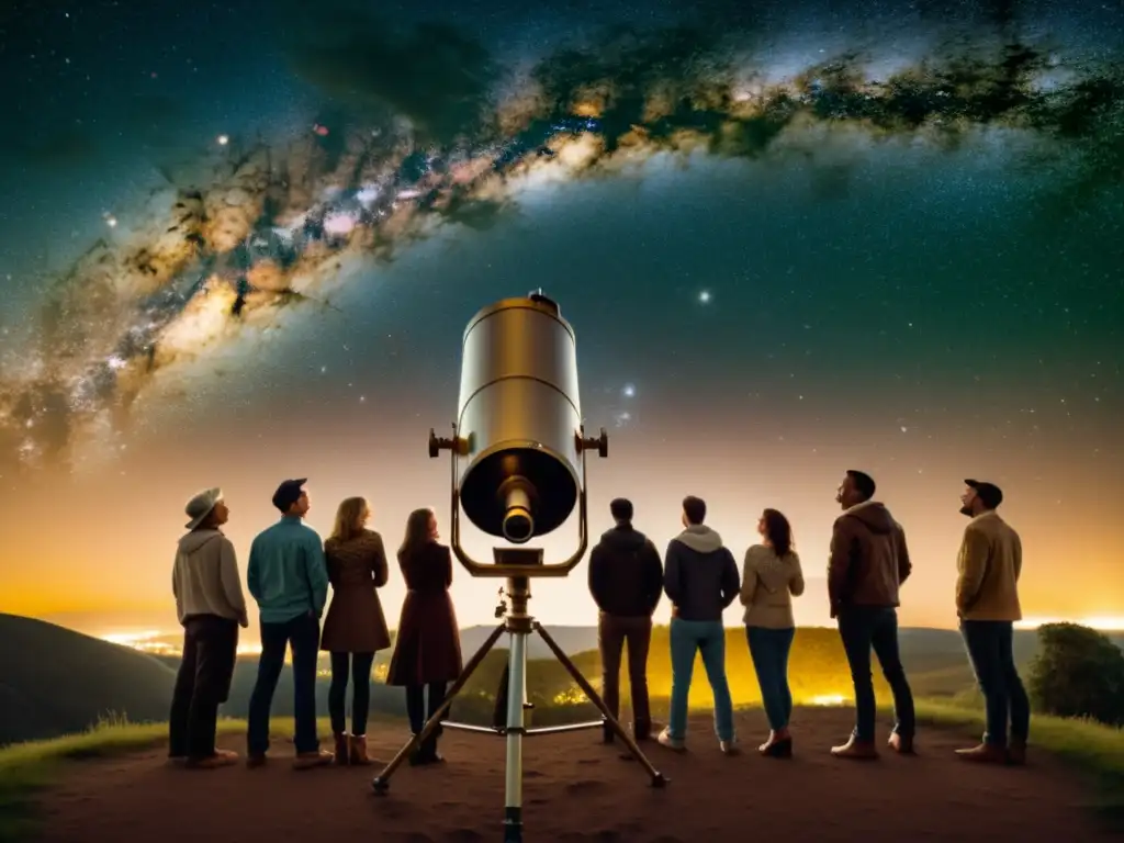 Un grupo de personas observa el cielo estrellado a través de un telescopio vintage, evocando la nostalgia de eventos de observación de estrellas