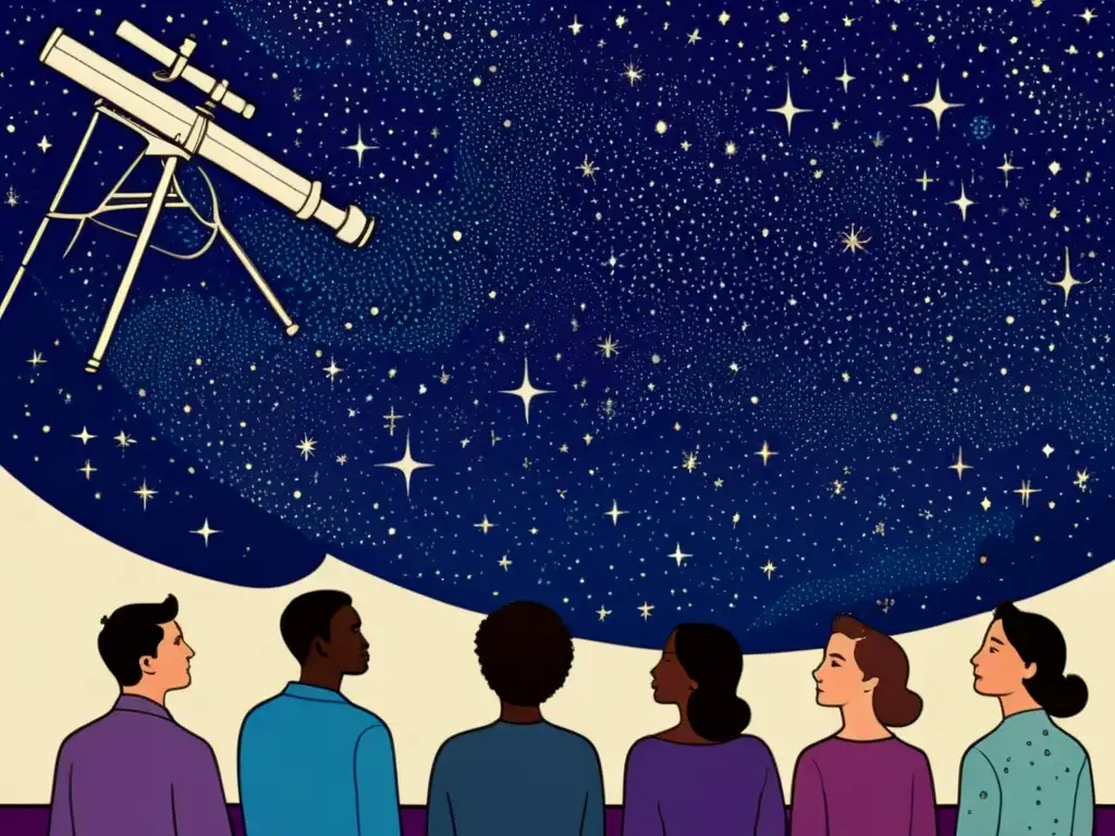 Un grupo de personas observa el cielo estrellado a través de un telescopio en un taller creativo de astronomía y arte, evocando asombro y maravilla