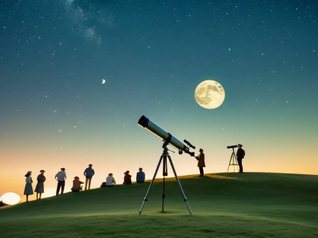 Un grupo de personas observa el cielo a través de un telescopio vintage en una noche de observación mensual del cielo con telescopio