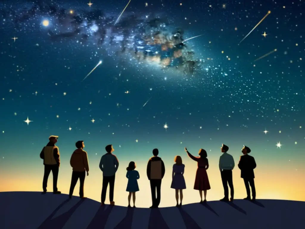 Un grupo de personas observa constelaciones bajo un cielo estrellado en una ilustración vintage, evocando eventos de astronomía mundo