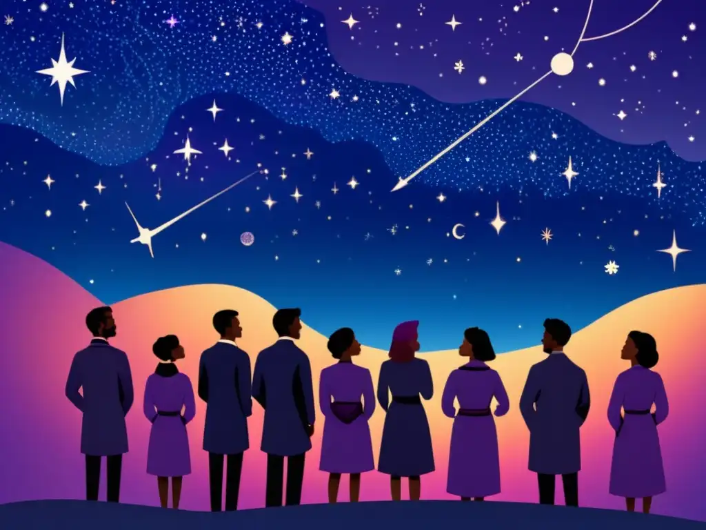 Exploración estelar: Antiguas maravillas en el cielo nocturno Un grupo de personas admira las constelaciones en un cielo nocturno