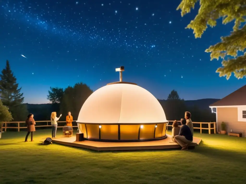 Un grupo de personas admirando las constelaciones proyectadas en un planetario portátil vintage en el patio