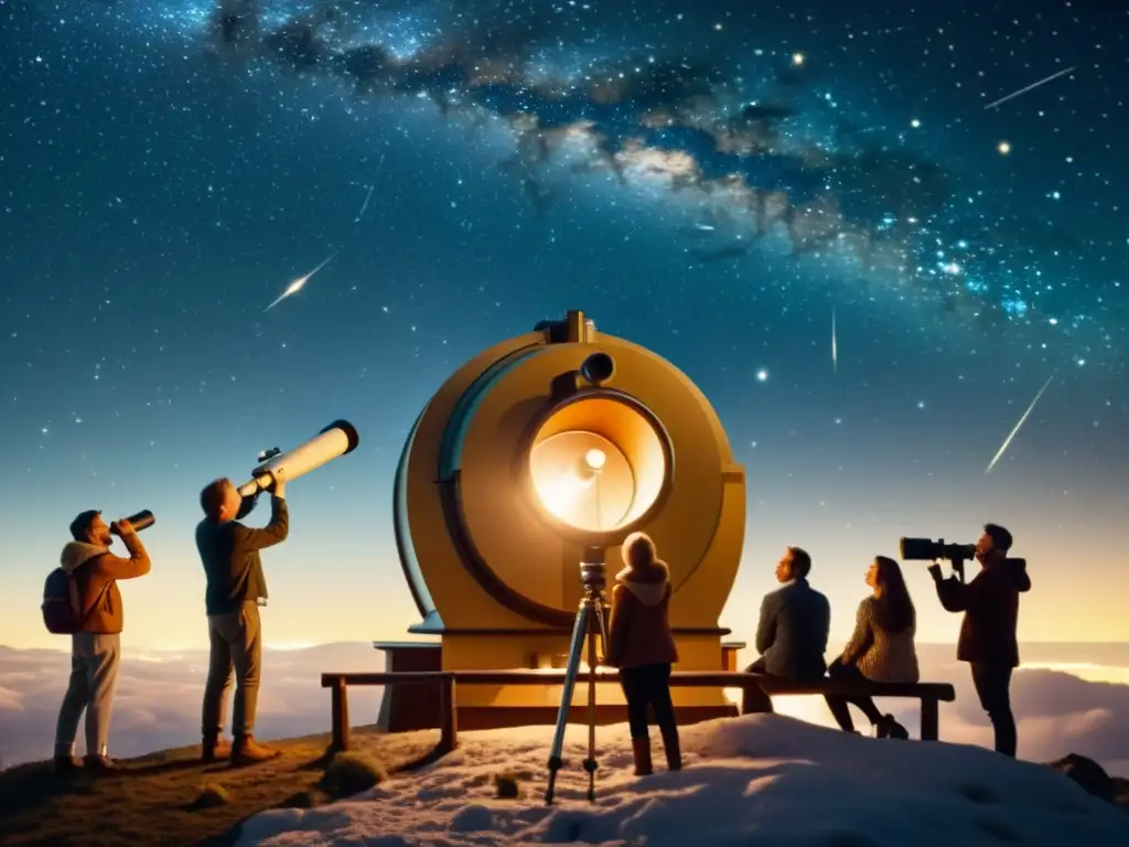 Un grupo de personas emocionadas observa el cielo estrellado a través de un telescopio en un observatorio vintage