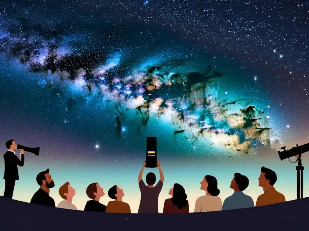 Un grupo de personas observa emocionado el cielo nocturno a través de un telescopio vintage