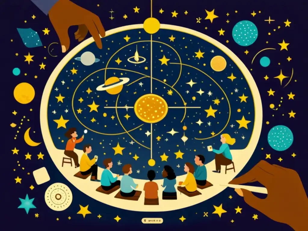 Juego de mesa de astronomía bajo el cielo estrellado Un grupo de personas entusiasmadas juega a un juego de mesa de astronomía bajo un cielo estrellado