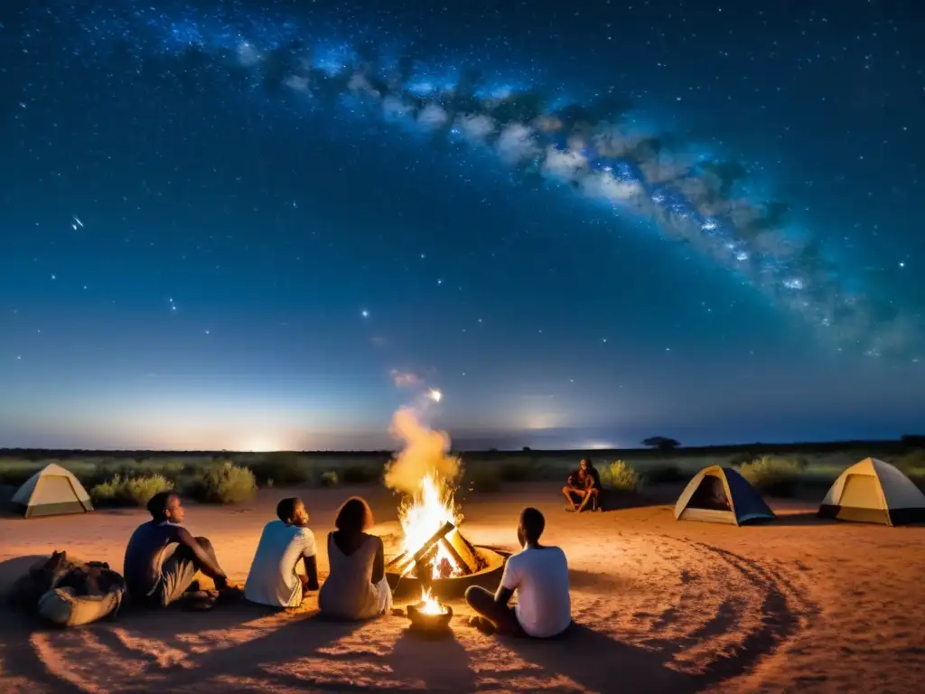 Un grupo de personas observa las estrellas alrededor de una fogata en la sabana africana