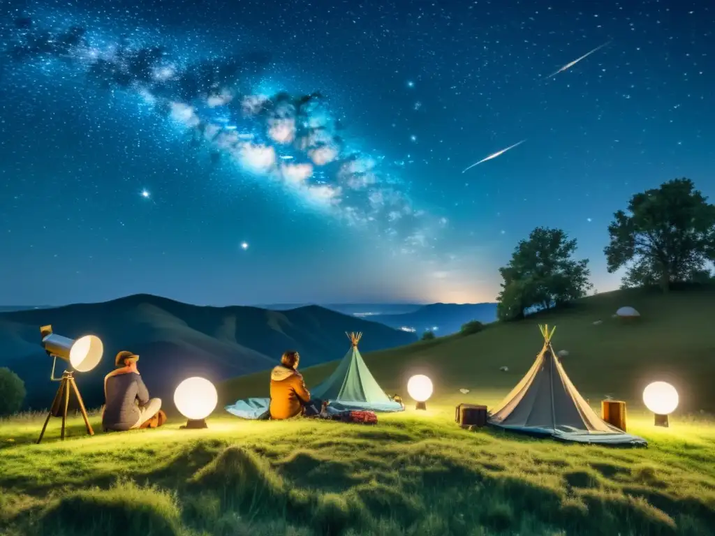 Noche de estrellas: Observadores maravillados en colina iluminada Un grupo de personas observa estrellas fugaces y meteoros en una colina iluminada por la luna y faroles, con un ambiente nostálgico y tranquilo