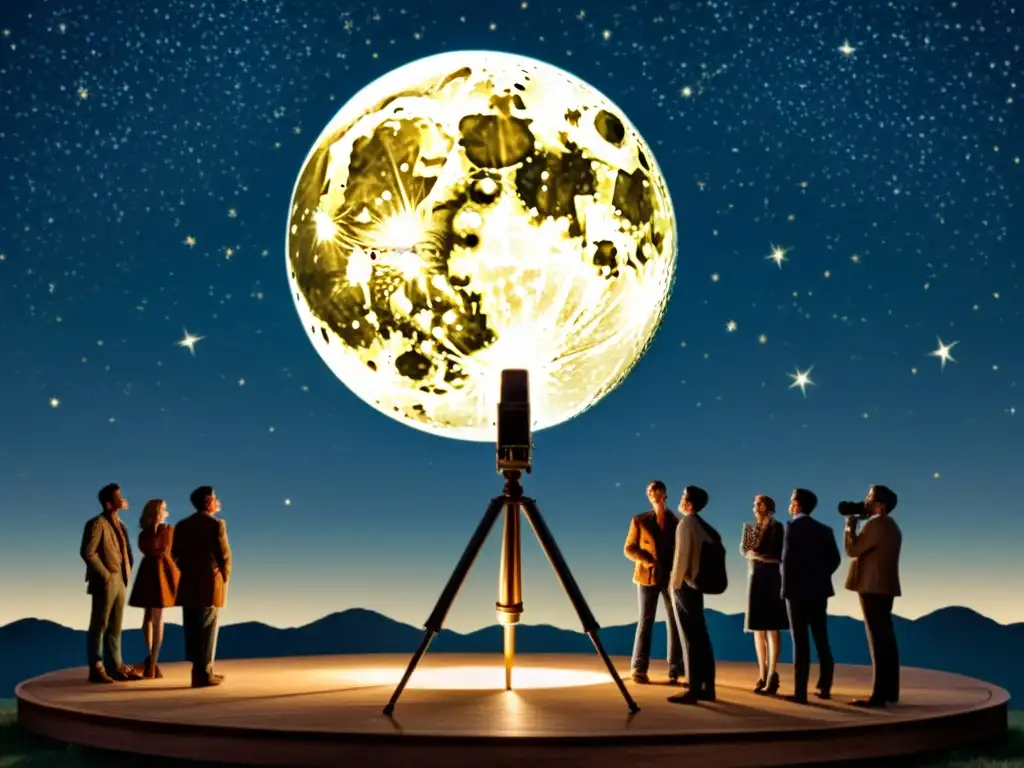 Grupo de personas observando estrellas con telescopio vintage bajo la luz de la luna