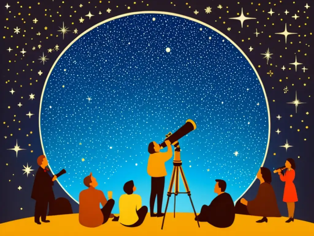 Un grupo de personas observa las estrellas a través de un telescopio antiguo, evocando la influencia de las estrellas en el turismo espacial