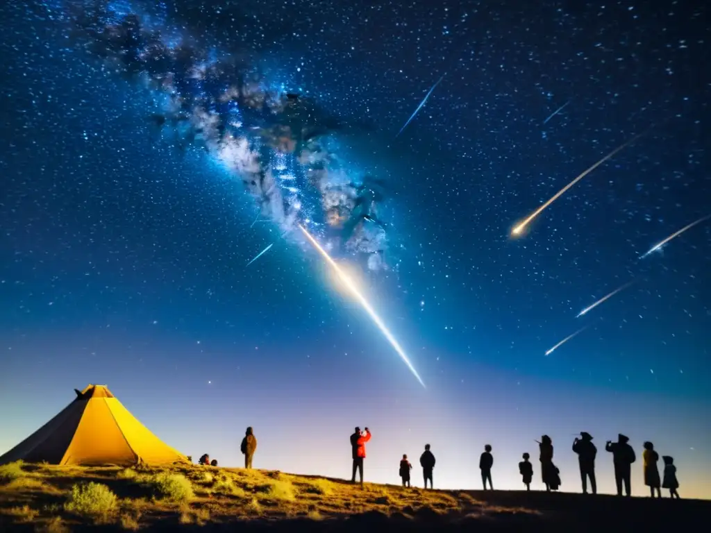 Un grupo de personas indígenas contempla con asombro y reverencia un cielo nocturno lleno de estrellas fugaces y un cometa brillante