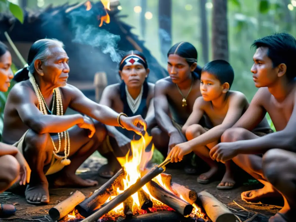 Grupo de personas indígenas reunidas alrededor de una fogata en el bosque, mostrando la influencia de la cosmología indígena en la vida diaria