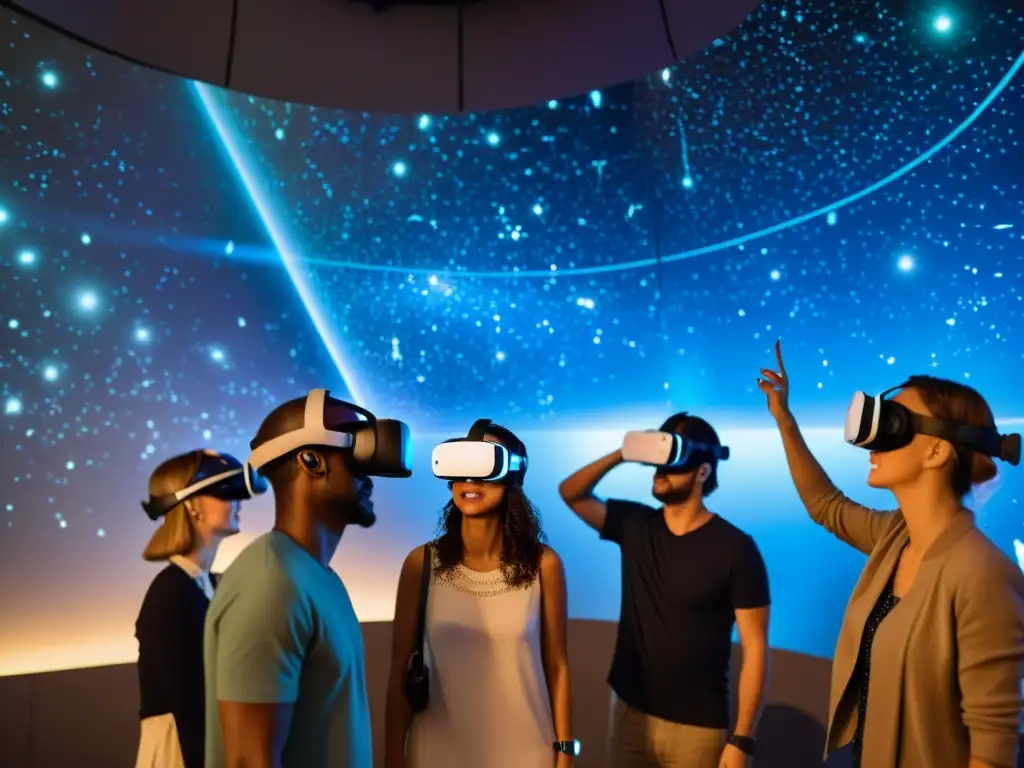 Un grupo de personas experimenta una inmersiva exhibición de realidad virtual de constelaciones en un museo espacial