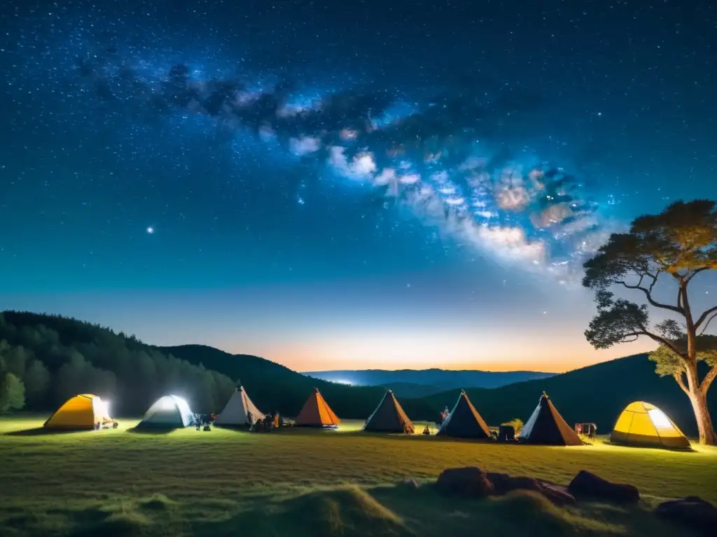 Grupo de personas preparándose para la observación de la lluvia de estrellas Perseidas en una noche estrellada de San Lorenzo