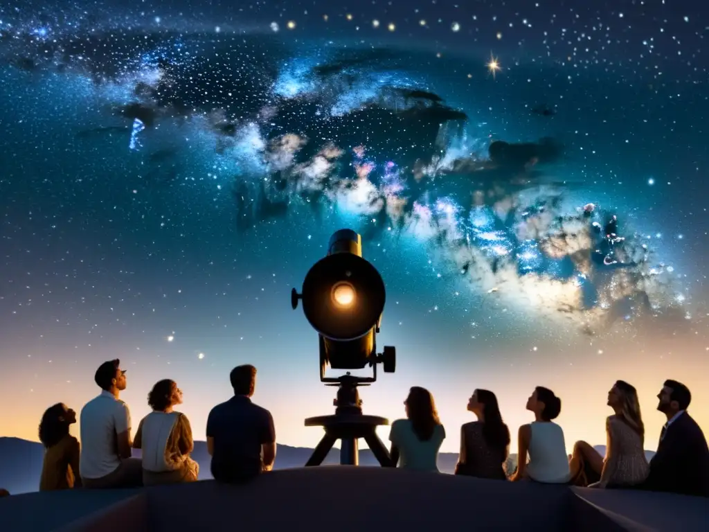 Un grupo de personas maravilladas observa un cielo estrellado en realidad virtual, mientras montan un planetario personal