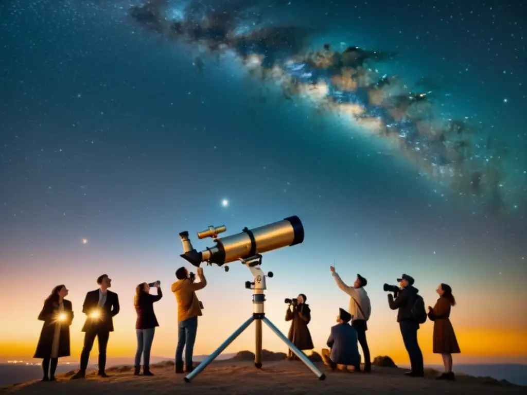 Un grupo de personas maravilladas observando las estrellas a través de un telescopio vintage, mientras descifran horóscopos y constelaciones