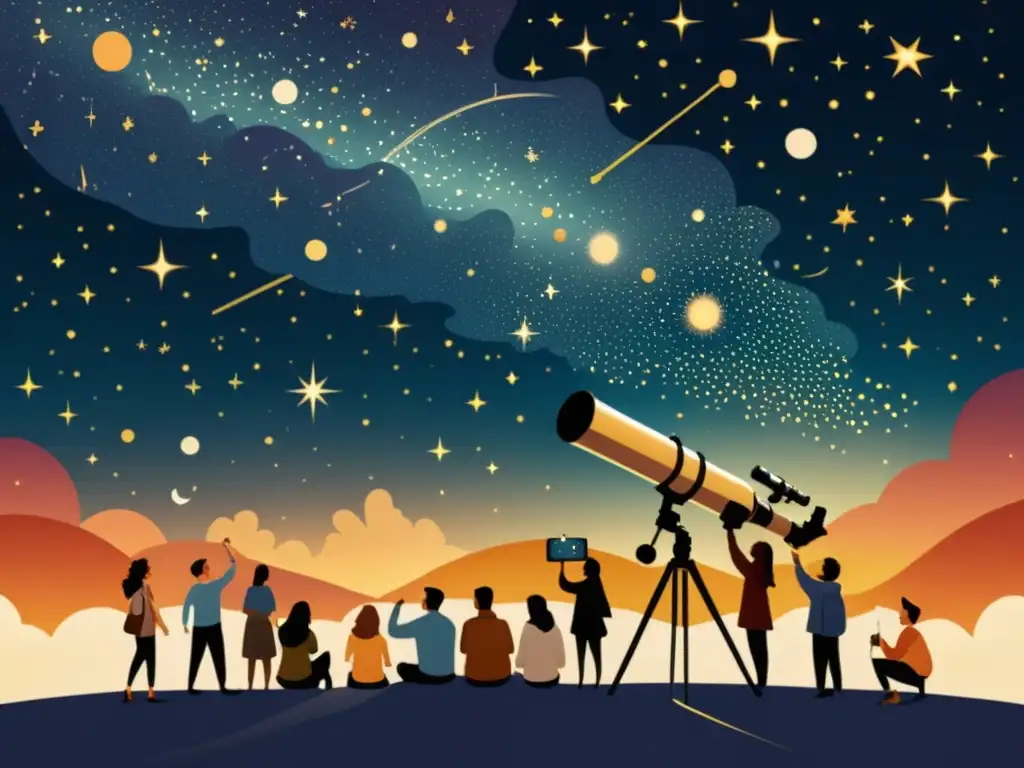 Un grupo de personas maravilladas mirando las estrellas con un telescopio, en una ilustración nostálgica